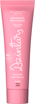 Różowa tuba pasty do zębów Dzintars Rhubarb Advanced Whitening z fluorem, widok z przodu.