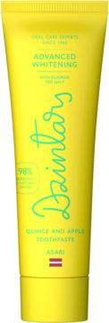Jasnożółta tubka pasty Dzintars Advanced Whitening Quince and Apple, z fluorem, zielone napisy, widok z przodu.
