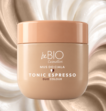 Mus do ciała beBIO Tonic Espresso Duo Colour w jasnobeżowym słoiczku z brązową nakrętką, widok z przodu.