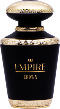 Czarny flakon perfum Empire Crown ze złotymi zdobieniami i koroną na etykiecie, widok z przodu.