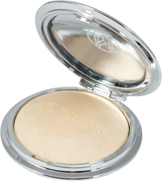 Highlighter Gelly Gold, złoty rozświetlacz żelowy w otwartym srebrnym kompakcie z lusterkiem.