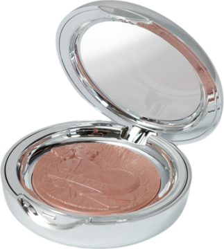 Otwarty, srebrny kompakt bronzera Mini Sun z lusterkiem, jasnobrązowy puder z wypukłym wzorem, dla naturalnej opalenizny.