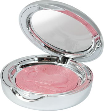 Srebrny kompakt Blush Mini Bloom z otwartym lustrem, ukazujący różowy róż z wytłoczonym wzorem, dający naturalny rumieniec.