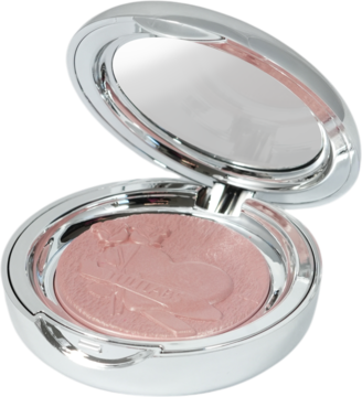 Highlighter Mini Glow, różowy puder z wytłoczonym wzorem w otwartym srebrnym kompakcie z lustrem.