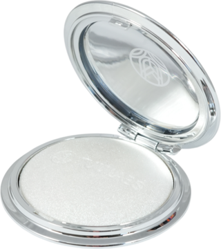 Highlighter Gelly Silver: otwarty srebrny kompakt z żelowym rozświetlaczem o czystym, chłodnym blasku.