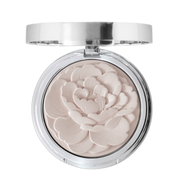 Srebrny, otwarty puder prasowany Luminous, z jasnym, rozświetlającym pudrem i wytłoczonym wzorem róży.