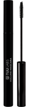Elegancki czarny tusz TULI LABS Volume Mascara, tuba z białym napisem obok otwartej szczoteczki.