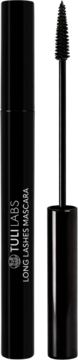 Czarny tusz Tuli Labs Longlashes do rzęs z precyzyjną, wydłużającą szczoteczką, ujęcie z boku.