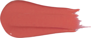 Koralowy swatch kolagenowej pomadki do ust Tuli Labs, rozmazany, z kremowym, błyszczącym wykończeniem.