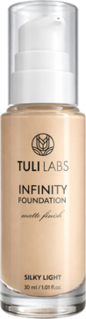 Podkład Tuli Labs Infinity Silky Light w szklanej butelce z pompką, dający lekkie, matowe wykończenie.