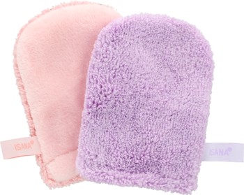 Zestaw dwóch puszystych rękawic do demakijażu z mikrofibry: jedna różowa, druga fioletowa, widok z bliska.