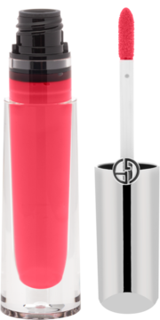 Błyszczyk Giorgio Armani Prisma Glass w przezroczystej butelce, jaskrawy koralowy kolor, widoczny aplikator z logo GA.