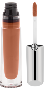 Brązowy błyszczyk do ust Giorgio Armani Prisma Glass w szklanej butelce, z wysuniętym aplikatorem, widok z przodu.