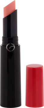 Giorgio Armani Lip Power, jasnoróżowa pomadka w czarnej obudowie z otwartą czerwoną zakrętką, widok z przodu.