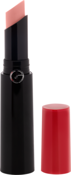 Giorgio Armani Lip Power satynowa pomadka w czarnej oprawie, różowy sztyft i czerwona skuwka obok, widok z przodu.