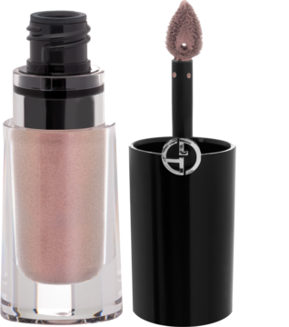 Giorgio Armani Eye Tint Shimmer, płynny cień, szampański beż, w butelce z otwartym aplikatorem, na jasnym tle.
