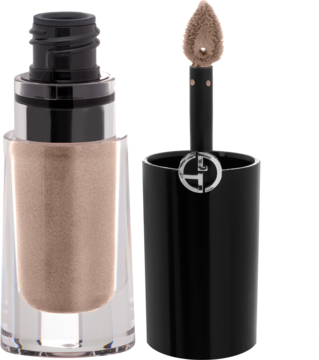 Płynny, błyszczący cień Giorgio Armani Eye Tint Shimmer, beżowy, w szklanej butelce i wyjęty aplikator.