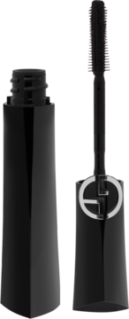 Otwarty czarny tusz wydłużający Giorgio Armani Vertigo Lift. Aplikator z logo obok tubki, szczoteczka.