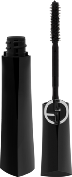 Czarny tusz Giorgio Armani Vertigo Lift z innowacyjną szczoteczką Infinity-Loop, widok otwartej tuby z logo.