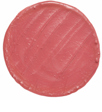 Avon Tulip Kiss, róż w płynie. Okrągły swatch różowo-brzoskwiniowego koloru o świetlistym matowym wykończeniu.