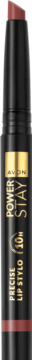 Precyzyjna matowa pomadka Avon Power Stay Tawny Triumph, w czarnej tubce z wystającą, ściętą końcówką.