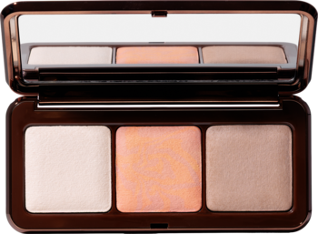 Otwarta paleta Luminous Face Palette Light z trzema pudrami: rozświetlaczem, różem brzoskwiniowym i jasnym bronzerem.