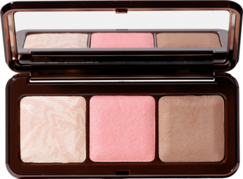 Otwarta paleta do konturowania Luminous Face w Medium: jasny rozświetlacz, różowy róż, brązowy bronzer z lusterkiem.