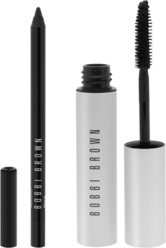 Bobbi Brown zestaw: czarna kredka Kajal z otwartą skuwką i tusz Smokey Eye Mascara w białej tubce.