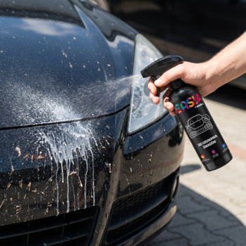 Ręka spryskuje brudny, czarny samochód ceramiczną powłoką EasyShine z czarnej butelki z atomizerem.