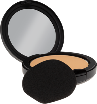 Otwarty czarny kompakt MAC Studio Fix Powder Plus Foundation z beżowym pudrem i czarną gąbką.