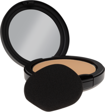 Matujący podkład w pudrze MAC Studio Fix w otwartym, czarnym kompakcie z lusterkiem i aplikatorem.