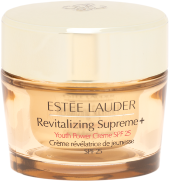 Estee Lauder Revitalizing Supreme+ Youth Power Creme SPF 25, bursztynowy słoik, złota nakrętka, widok z przodu.