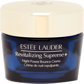 Estée Lauder Revitalizing Supreme+ krem na noc w ciemnoniebieskim szklanym słoiku ze złotą nakrętką, widok z przodu.