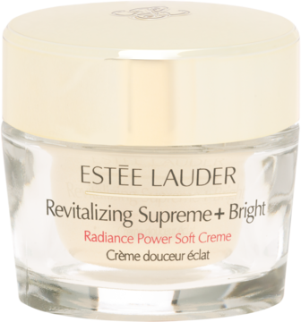 Estée Lauder Revitalizing Supreme+ Bright rozświetlający krem z witaminą C w szklanym słoiczku ze złotą pokrywką, widok z przodu.