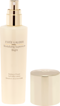 Estée Lauder Revitalizing Supreme+ Bright mleczko rozjaśniające, beżowa butelka z pompką i złota nakrętka obok.