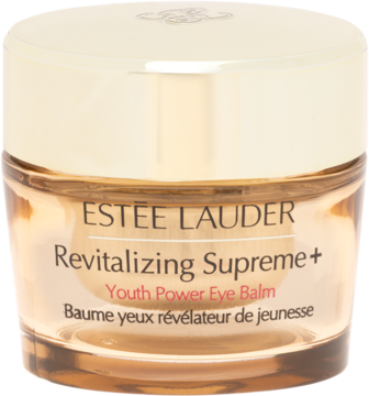 Estée Lauder Revitalizing Supreme+ Youth Power Eye Balm w złotym słoiczku, widok z przodu, z połyskującą nakrętką.