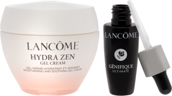 Zestaw Lancôme: biały słoik kremu Hydra Zen Gel Cream i czarne serum Génifique Ultimate z pipetą.