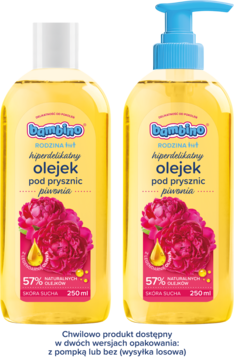 Dwie butelki Bambino Rodzina olejku pod prysznic 250ml, piwonia: jedna z pompką, druga z korkiem.