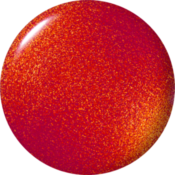 Zbliżenie na okrągłą próbkę lakieru OPI Spread the Cherry, jaskrawoczerwony z brokatem i błyszczącym wykończeniem.