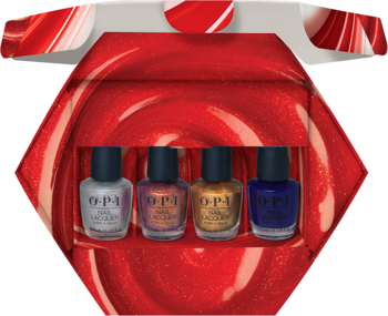 Zestaw 4 mini lakierów OPI Holiday w błyszczącym, czerwonym opakowaniu ust, srebrny, miedziany, złoty i niebieski lakier.