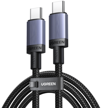 Kabel UGREEN USB-C, czarny pleciony, fioletowe złącza 100W. Widok z przodu, zwinięty z opaską.