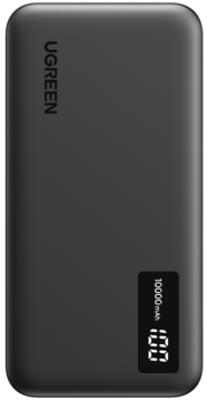 Czarny power bank UGREEN 10000mAh z cyfrowym wyświetlaczem pokazującym "100%" i logo. Widok z przodu.