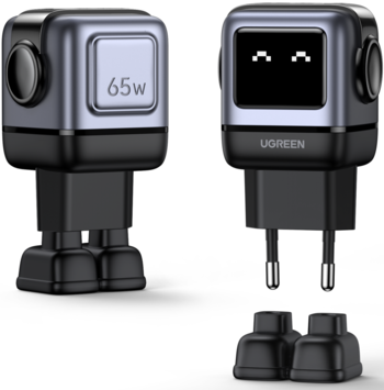 UGREEN 65W GaN ładowarka, ciemnoszara, z ekranem robot-face i odłączanymi nóżkami, widok przód i tył.