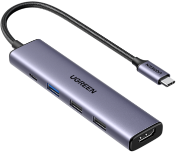 UGREEN USB-C hub wieloportowy, ciemnoszary, z wyjściem HDMI i USB-A, widok pod kątem na białym tle.