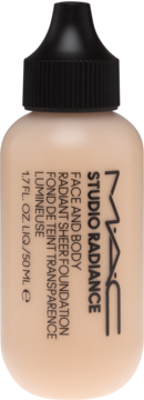 MAC Studio Radiance podkład rozświetlający, beżowa butelka z czarnym zakraplaczem, widok z przodu, 50 ml.