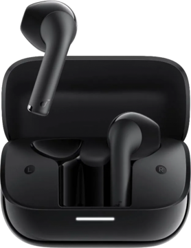 Czarne słuchawki bezprzewodowe Soundcore K20i w otwartym etui ładującym, widok z przodu. Wygodne, lekkie.