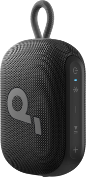 Ciemnoszary głośnik bezprzewodowy Soundcore Select 4 Go, z plecioną obudową, uchwytem i panelem sterowania.