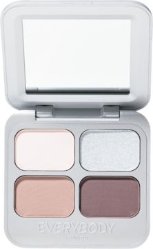 Mini Eyeshadow Palette Eclipse Mini otwarta z lustrem. Chłodne cienie: jasny róż, srebrny, beż i śliwka. Szara obudowa.