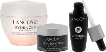 Trzy kosmetyki Lancôme: biały krem Hydra Zen, czarny krem pod oczy Genifique i serum Genifique z pipetą.