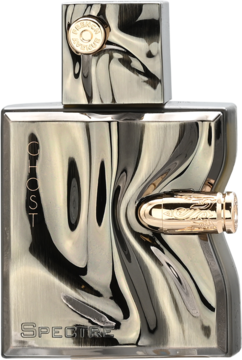 Perfumy Ghost Spectre w prostokątnej butelce z lśniącego, srebrnego metalu. Ma pofalowaną fakturę i złote naboje.